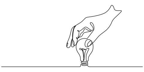 Wall Mural - one line drawing of hand holding a light bulb. symbol of creativity and invention, continuous line d