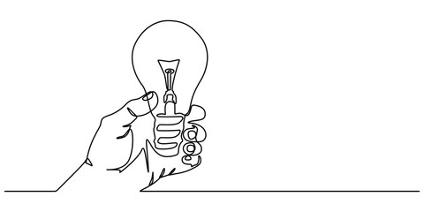 Wall Mural - one line drawing of hand holding a light bulb. symbol of creativity and invention, continuous line d