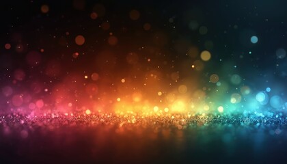Poster - Abstract illustration features blurred colorful rainbow light leaks on black background with dust particles. Warm color bokeh effect in artistic digital art. Perfect for modern tech, web design