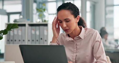 Poster - Business, headache and woman with pain, laptop and pressure with stress, company audit and confused. Person, financial clerk or employee with deadline, migraine or doubt with profit crisis or mistake
