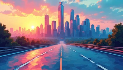 Aufkleber - Vibrant geometric city skyline at sunset. Modern architecture buildings with colorful reflections. Road leads toward city, creates perspective. Illustration for urban landscape travel design.