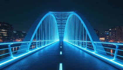 Leinwandbilder - Futuristic digital rendering of bridge at night. Bridge glowing with vibrant blue lines. Modern tech design, architectural structure in urban city. Digital artwork shows engineering innovation of