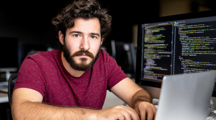 focused coder reviews source code on computer screen, showcasing programming skills in modern worksp