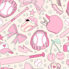 retro coquette pink girlie baseball softball team equipment vector seamless pattern. girl sports gam