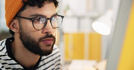 Leinwandbilder - Creative man, web designer and glasses with computer for software development, coding or online update. Male person, employee or programmer with technology for research, new app or design at office