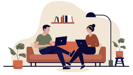 Poster - Couple using computer while sitting in couch at home - Two people with laptops relaxing or working from home in living room together. Flat design vector illustration isolated on white background
