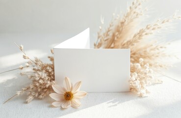 Aufkleber - Elegant mockup template featuring dry plants flower arrangement. Blank greeting card, invitation design for wedding, anniversary, special event. Minimalist aesthetic, ideal for stationery, branding