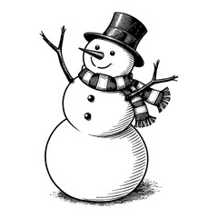 Wall Mural - smiling snowman with hat and scarf in black and white outline line art drawing illustration