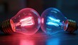 © miss irine - Close-up of two Edison bulbs, one pink, another blue. Illustration with glowing filaments, creating contrast in colors. Symbol of ideas, innovation, tech, design, creativity. Interior decor photo.