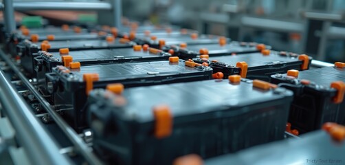 Leinwandbilder - EV battery pack assembly line. Production of electric vehicle components. Automated factory, sustainable energy storage for transport, electric car tech, future of mobility, innovation.