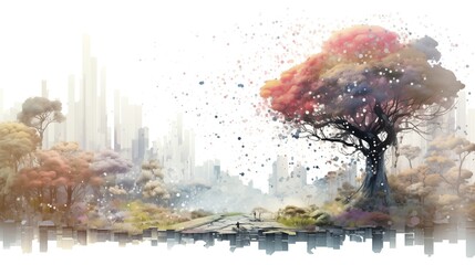 A scene where an artificial meadow, filled with hyper-detailed trees and flowers, begins to pixelate and glitch into digital fragments against a pure white background.