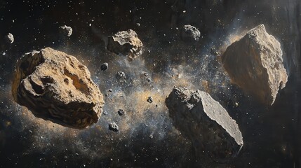 Wall Mural - Several large asteroids flying through space, small rock fragments and dust.