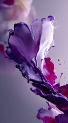 Fototapete - Abstract image of purple and pink paint splashes, forming flower-like shapes against a neutral background, showcasing fluidity and vibrant color, ideal for design projects
