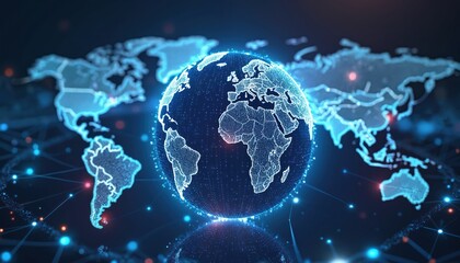Fototapete - Digital world globe with connection lines, signifying international information exchange, data transfer, cyber tech. Global network illustration, connection, communication, cyberspace, globalization,
