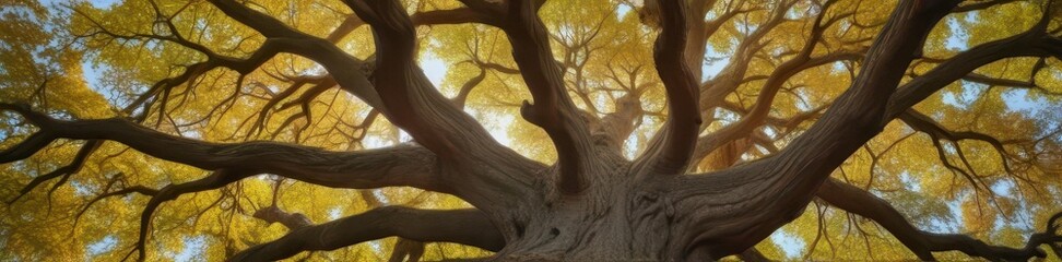 Ancient oak tree trunk, massive branches reaching skyward , landscape, tall, vertical