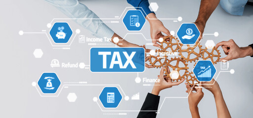Aufkleber - A dynamic visual representation showcasing teamwork in tax planning and finance management, highlighting important concepts like income tax, refunds, and financial strategies. Amity
