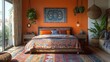 © animash - Artful bedroom design with hanging planters and rugs high resolution photo