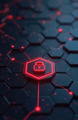 Fototapete - Cyber security concept. Abstract illustration data protection, digital privacy. Red glowing padlock symbol on hexagon network. Data encryption, secure access, protection against cyber threats.