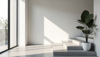 Poster - Minimalist interior home design bright ambiance. Natural light, shadows, steps, modern plant create peaceful mood. Contemporary architecture, neutral tones, modern aesthetic enhance space, providing