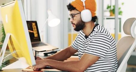 Poster - Office, businessman and computer with video call for notes, online training and creative agency. Career, male designer and smile with headphones for listening, writing information and virtual meeting