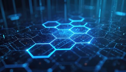 Fototapete - Abstract digital background with glowing blue hexagons and data streams. Modern technology illustration. Cyber network connection, information matrix. Digitalization, high tech innovations.