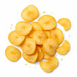 © HamzaG - An overhead shot showing a pile of golden yellow potato chips on a white background in the studio