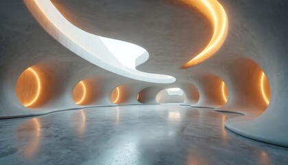 Aufkleber - Abstract futuristic architecture interior with concrete floor. Empty room, modern design with orange lights. Render of contemporary building, showroom, gallery with shadow and curves.