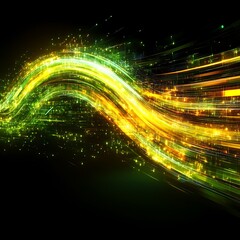 Wall Mural - Glowing Wavy Lines Of Green And Yellow Colors Against Black Backdrop