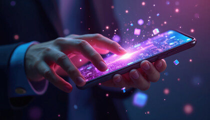 Fototapete - Hand interacting smartphone, metaverse virtual world concept. Touch screen, digital interaction with futuristic neon glow. Blockchain tech, modern tech, innovative experience. Cyber life, digital