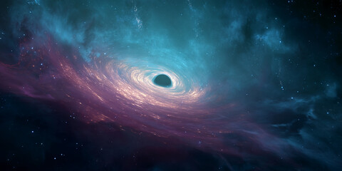 Wall Mural - cosmic swirl of teal and purple nebula surrounding a black hole, showcasing the vastness and mystery