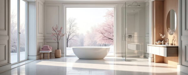 Poster - Elegant bathroom interior design with minimalist style. Modern design includes white bathtub, glass shower, wooden vanity. Large window overlooks winter landscape. Clean space, soft sunlight, creates