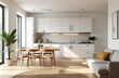 © miss irine - Modern light studio apartment with white walls. Wooden table, chairs in dining zone near kitchen. Open plan living room, minimalist interior design, furnished with sofa, plants. Contemporary