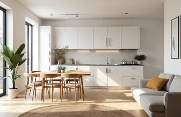Poster - Modern light studio apartment with white walls. Wooden table, chairs in dining zone near kitchen. Open plan living room, minimalist interior design, furnished with sofa, plants. Contemporary