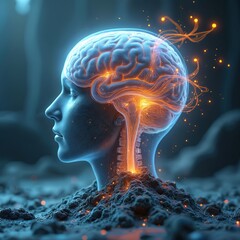 Aufkleber - Illustration of human brain glowing with knowledge creativity concept. Brain activity, medical x-ray scan, intelligence science, mind, health. Innovative tech, abstract neurology concept of human