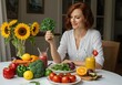 © Aklima - Woman with kale and healthy food on table including smoothies and vegetables