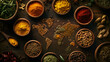 © Abee - A detailed map of the world composed entirely of crushed and ground spices,  various herbs and seasonings, paprika, oregano, turmeric, chili flakes, a dark wooden surface