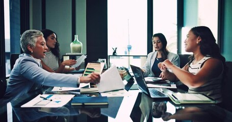 Poster - Business women, meeting and documents with talk for stats, review and graphs for audit at company. People, team and group with paperwork, feedback and collaboration for accounting at finance agency
