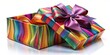 © สุรเชษฐ์ แซ่ลิ่ม - A vibrant gift box with a colorful striped pattern and a purple satin ribbon, tied in a perfect bow, awaits its recipient.