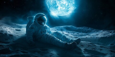 Wall Mural - Dead astronaut resting on alien planet surface with bright planet in the background