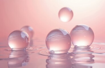Poster - Transparent lenses floating on water surface with pink background. Conceptual minimalist illustration style. Bubble balls in liquid, creating clean, modern feel. Design for beauty, cosmetics, health,