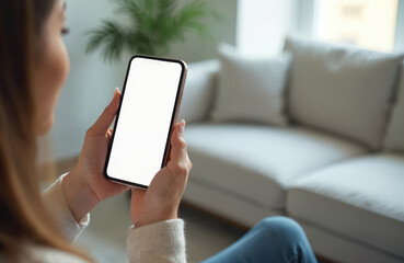 Poster - Woman hands holding smartphone with blank white screen. Modern mobile device, touch screen display. User views content, communication, app. Internet, technology, tech, browsing, cyberspace, digital,