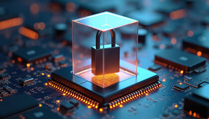 Fototapete - Cyber security concept featuring lock over computer motherboard. Digital data protection, secure online connection. Hardware software protection against cyber crime, hacking, data theft. Digital