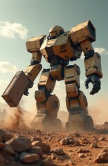 Aufkleber - Giant robot stands on dirt field. Futuristic AI-generated illustration technology, engineering concept. Metal machinery working. Armed force, military equipment in outdoor battle land. Digital