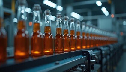 Fototapete - Industrial automation drinks bottles on conveyor belt in factory production line. Brewery beverage bottling plant with high-tech machinery, quality control. Modern manufacturing process with AI.
