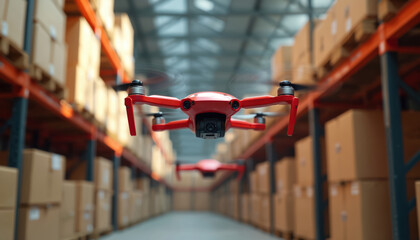 Poster - Red drones fly in warehouse with shelves filled boxes. Modern logistics delivery tech in action. Automated inventory, cargo transport. Robotics distribution. Packages storage.
