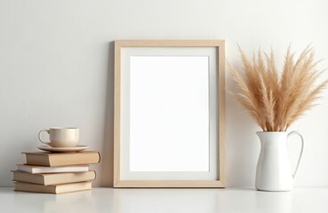 Poster - Blank picture frame, books, cup with saucer, white vase with dry flowers. Interior decor with empty frame. Neutral colors, modern interior. Art poster mockup.