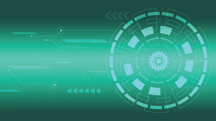 Wall Mural - green digital technology background featuring gear style circular interface and glowing circuit line