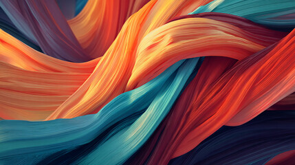 Fototapete - Abstract image of flowing, textured fabric in orange, teal, and maroon hues creating a dynamic, swirling pattern symbolizing movement, energy, and fluidity