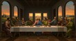 © JARVIS X - The Last Supper Painting Jesus and Apostles at Table, Religion Art, Biblical Scene, Renaissance Style, Sunset, Church.