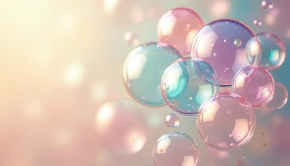 Poster - Colorful soap bubbles with soft reflections floating against blurred pastel background. Dreamy illustration features playful, bright, delicate, whimsical design with rainbow light and transparency.
